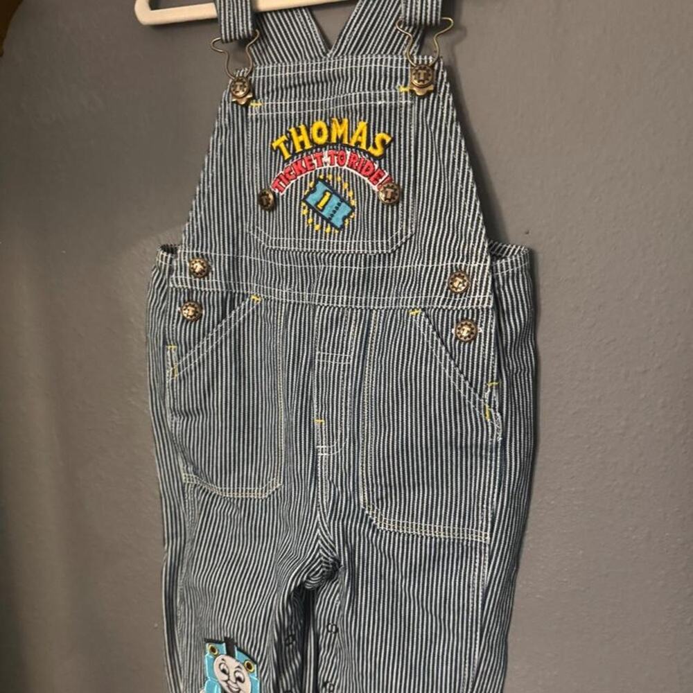 Vintage Thomas the Tank Engine Train blue & white striped overalls